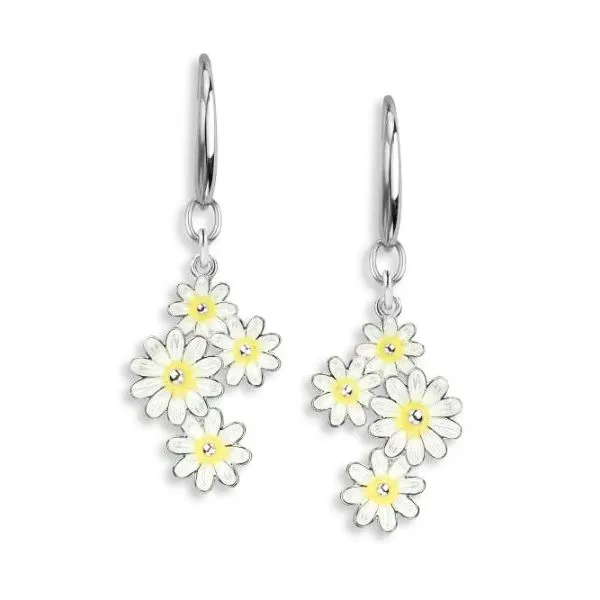 Sterling Silver Rhodium Plated White Enamel Daisy Cluster Dangle Earrings Quality Gem LLC Bethel, CT