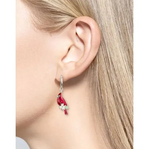 Sterling Silver Rhodium Plated Enamel Cardinal And Dogwood Dangle Earrings Image 2 Quality Gem LLC Bethel, CT