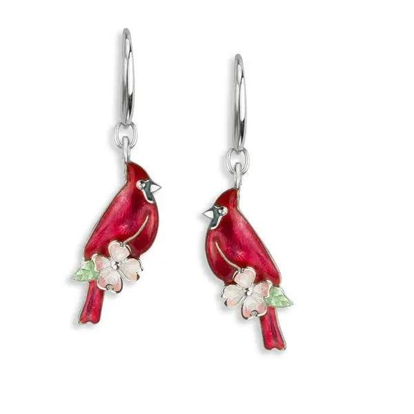 Sterling Silver Rhodium Plated Enamel Cardinal And Dogwood Dangle Earrings Quality Gem LLC Bethel, CT