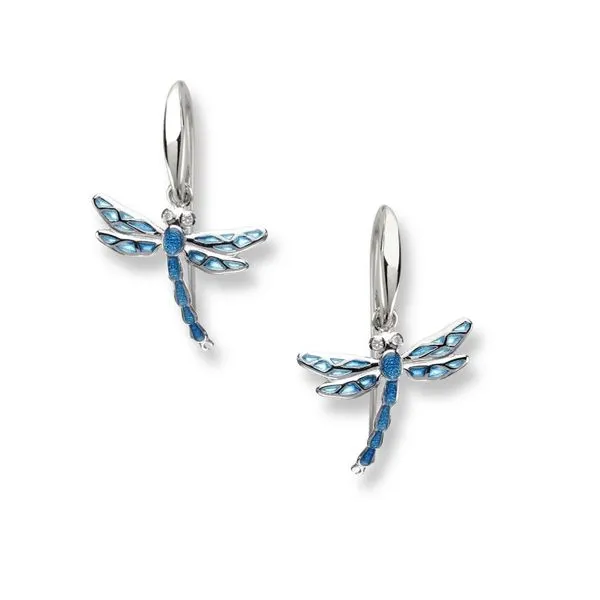 Sterling Silver Rhodium Plated Blue Plique-A-Jour Dragonfly Dangle Earrings With Round White Sapphires Quality Gem LLC Bethel, CT