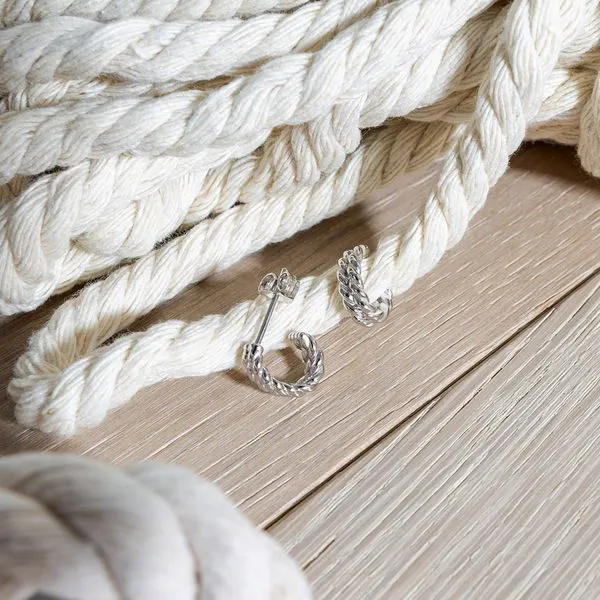 Sterling Silver Rhodium Plated Marina Rope Stud Hoop Earrings Image 4 Quality Gem LLC Bethel, CT