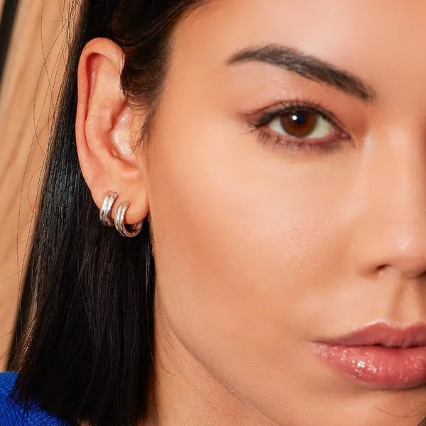 Sterling Silver Rhodium Plated Bevel Unity Hinged Huggie Hoop Earrings Image 2 Quality Gem LLC Bethel, CT