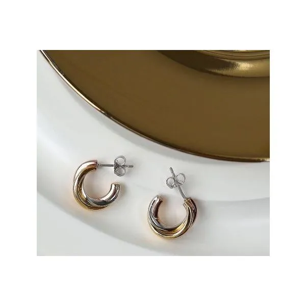 Sterling Silver 18K Yellow And Rose Plate Bevel Trilogy Hoop Earrings Image 3 Quality Gem LLC Bethel, CT