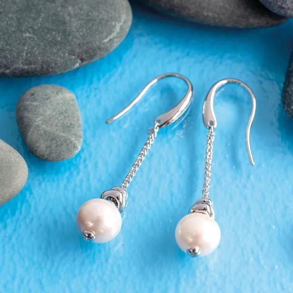Sterling Silver Rhodium Plated Coast Tumble Pearl Chain Drop Earrings Image 2 Quality Gem LLC Bethel, CT