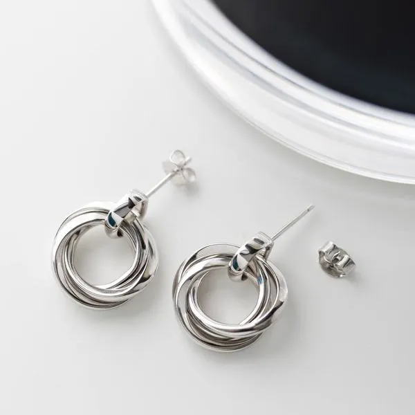 Sterling Silver Rhodium Plated Bevel Trilogy Grande Link Stud Earrings Image 4 Quality Gem LLC Bethel, CT