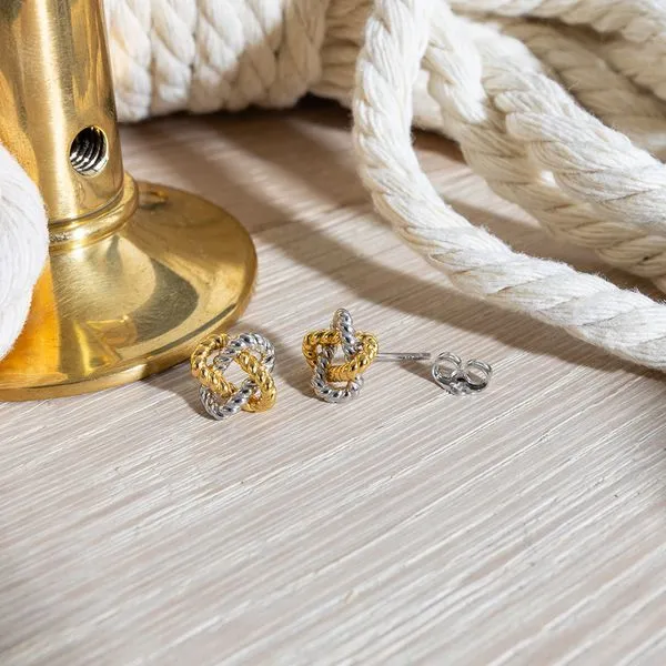 Sterling Silver/18K Yellow Gold Plate Rhodium Plated Marina Rope Knot Golden Stud Earrings Image 3 Quality Gem LLC Bethel, CT