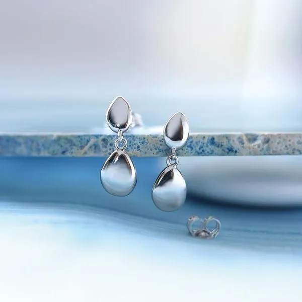 Sterling Silver Rhodium Plated Pebble Twin Droplet Drop Earrings Image 3 Quality Gem LLC Bethel, CT