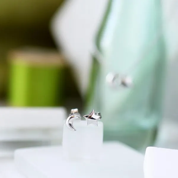 Rhodium Plated Sterling Silver Star and Moon Stud Earrings Image 3 Quality Gem LLC Bethel, CT
