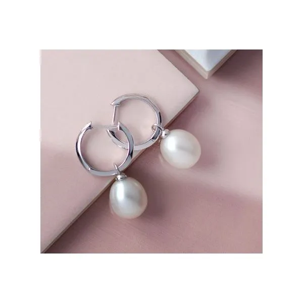 Sterling Silver Rhodium Plated Revival Astoria Pearl Drop Hoop Earrings Image 3 Quality Gem LLC Bethel, CT