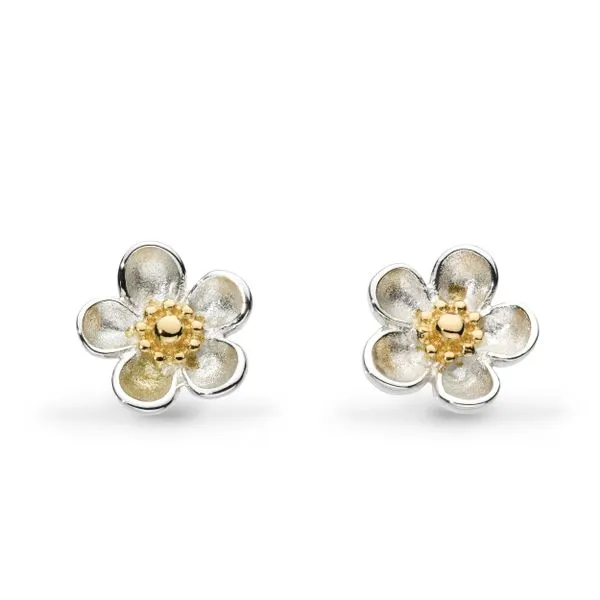 Sterling Silver & 18K Yellow Gold Plate Rhodium Plated Blossom Wood Rose Stud Earrings Quality Gem LLC Bethel, CT