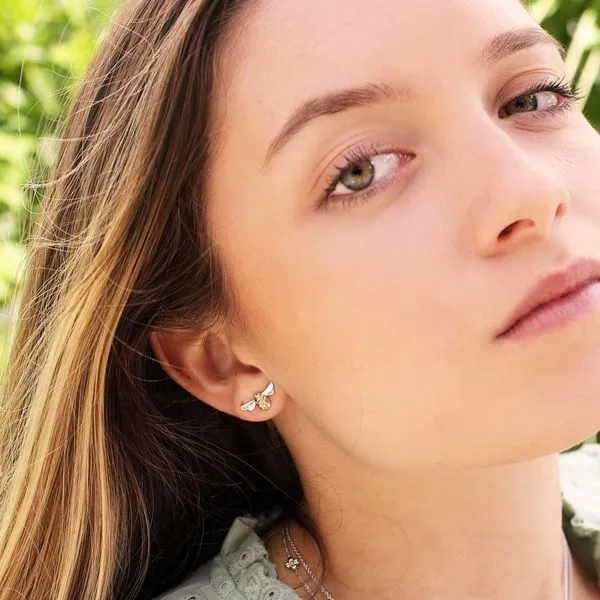 Sterling Silver & 18K Yellow Gold Plate Rhodium Plated Blossom Flyte Honey Bee Stud Earrings Image 2 Quality Gem LLC Bethel, CT