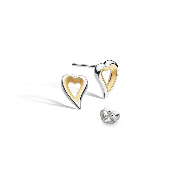 Sterling Silver & 18K Yellow Gold Plate Rhodium Plated Desire Love Story Small Heart Stud Earrings Image 2 Quality Gem LLC Bethel, CT
