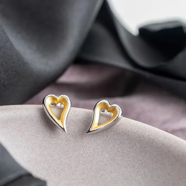 Sterling Silver & 18K Yellow Gold Plate Rhodium Plated Desire Love Story Small Heart Stud Earrings Image 4 Quality Gem LLC Bethel, CT