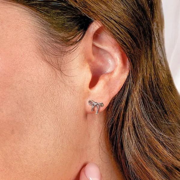 Sterling Silver Rhodium Plated Serenity Ribbon Bow Dainty Stud Earrings Image 4 Quality Gem LLC Bethel, CT
