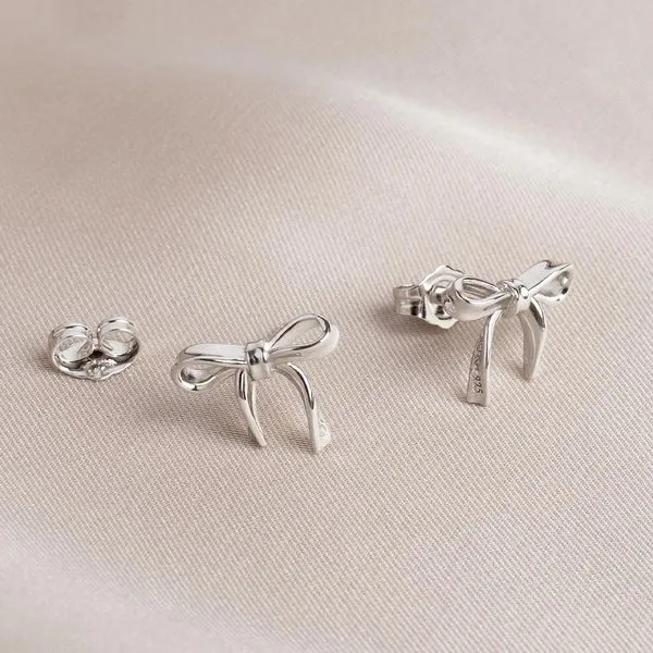 Sterling Silver Rhodium Plated Serenity Ribbon Bow Dainty Stud Earrings Image 5 Quality Gem LLC Bethel, CT