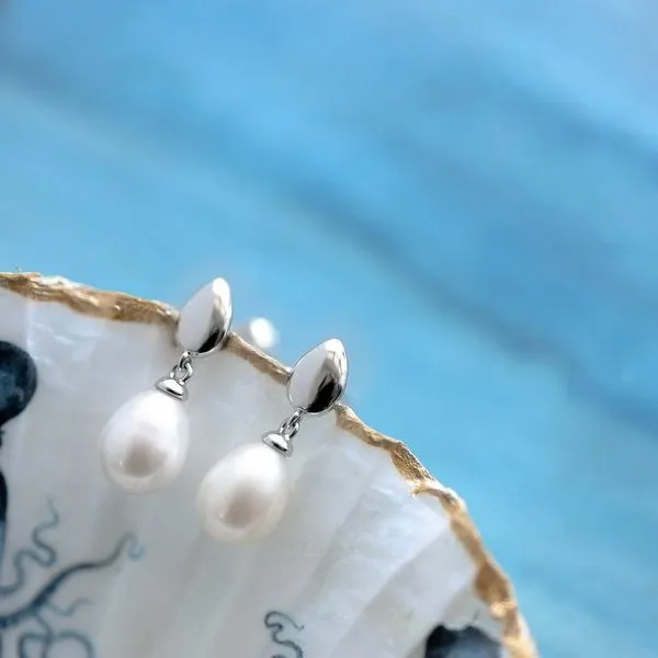 Sterling Silver Rhodium Plated Pebble Pearl Droplet Earrings Image 4 Quality Gem LLC Bethel, CT