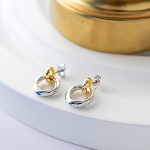 Sterling Silver 18K Gold Plate Bevel Cirque Link Golden Stud Earrings Image 2 Quality Gem LLC Bethel, CT