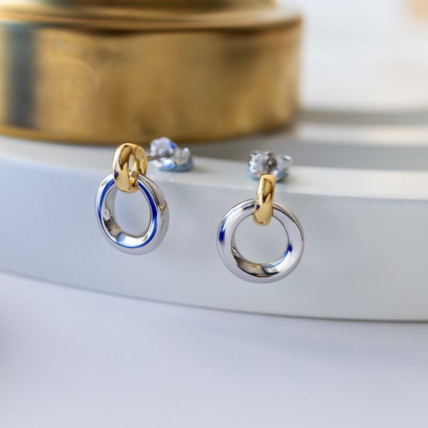 Sterling Silver 18K Gold Plate Bevel Cirque Link Golden Stud Earrings Image 3 Quality Gem LLC Bethel, CT