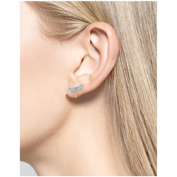 Sterling Silver Rhodium Plated Blue Enamel Dragonfly Post Earrings Image 2 Quality Gem LLC Bethel, CT