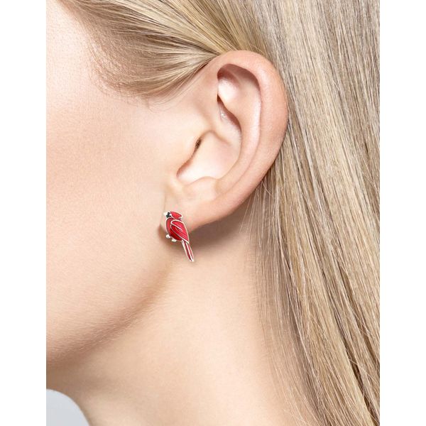 Sterling Silver Rhodium Plated Red Enamel Cardinal Stud Earrings Image 2 Quality Gem LLC Bethel, CT