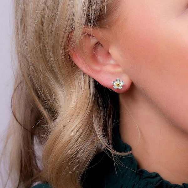 Sterling Silver & 18K Yellow Gold Plate Rhodium Plated Blossom Wood Rose Stud Earrings Image 2 Quality Gem LLC Bethel, CT