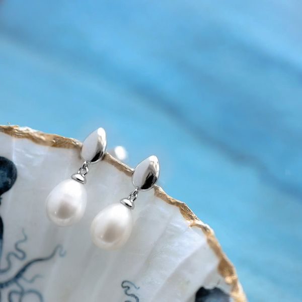 Sterling Silver Rhodium Plated Pebble Pearl Droplet Earrings Image 4 Quality Gem LLC Bethel, CT