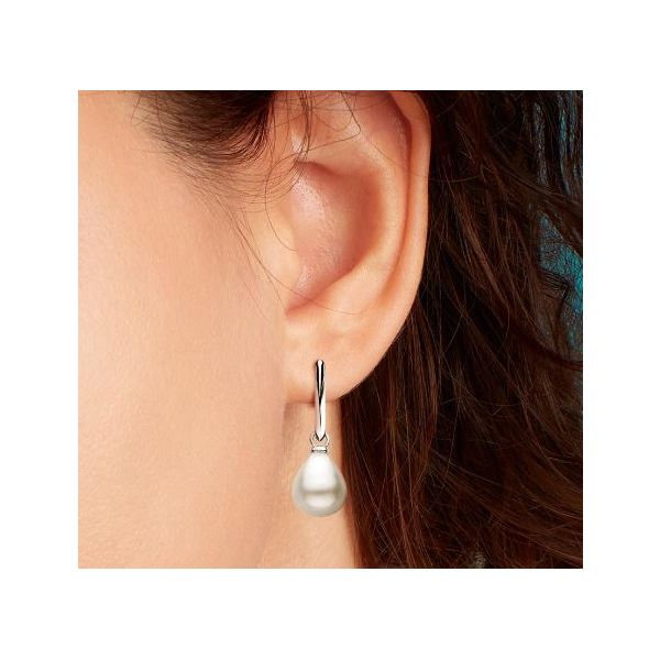 Sterling Silver Rhodium Plated Revival Astoria Pearl Drop Hoop Earrings Image 2 Quality Gem LLC Bethel, CT