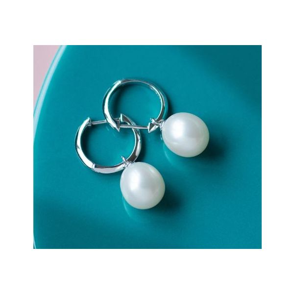 Sterling Silver Rhodium Plated Revival Astoria Pearl Drop Hoop Earrings Image 4 Quality Gem LLC Bethel, CT