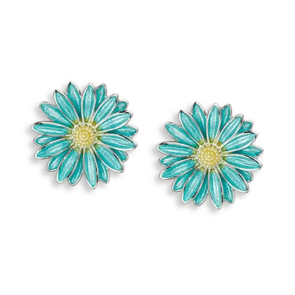 Sterling Silver Rhodium Plated Turquoise and Yellow Enamel Gerbera Daisy Stud Earrings Quality Gem LLC Bethel, CT