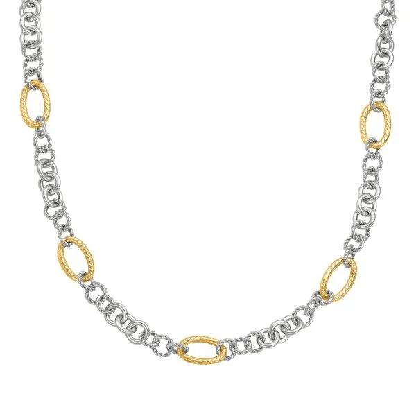 Sterling Silver & 18K Yellow Gold Rhodium Plated Textured Oval And Round Italian Cable Link Necklace Quality Gem LLC Bethel, CT