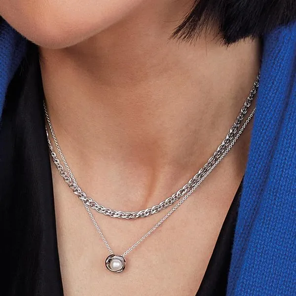 Sterling Silver Rhodium Plated Bevel Trilogy Pearl Necklace Length 18 Inches Image 2 Quality Gem LLC Bethel, CT