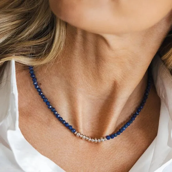 Sterling Silver Rhodium Plated Coast Tumble Azure Lapis Lazuli Beaded Necklace Adjustable Length 18 Image 3 Quality Gem LLC Bethel, CT