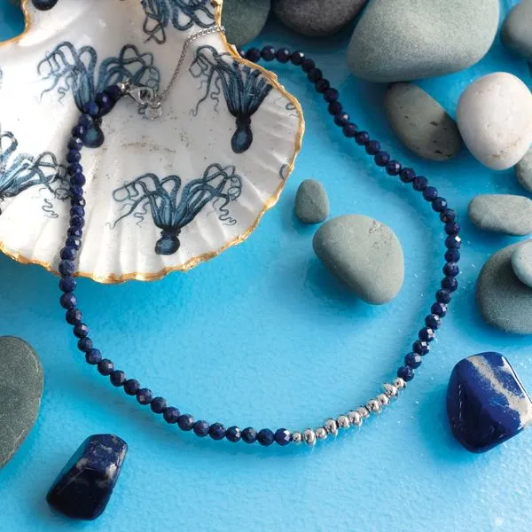 Sterling Silver Rhodium Plated Coast Tumble Azure Lapis Lazuli Beaded Necklace Adjustable Length 18 Image 5 Quality Gem LLC Bethel, CT