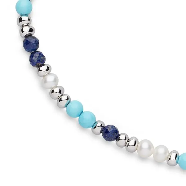 Sterling Silver Rhodium Plated Coast Tumble Azure Lapsi Lazuli, Teal Magnesite, And Freshwater Pearl Beaded Necklace Adjustable Length 16/18 Image 2 Quality Gem LLC Bethel, CT