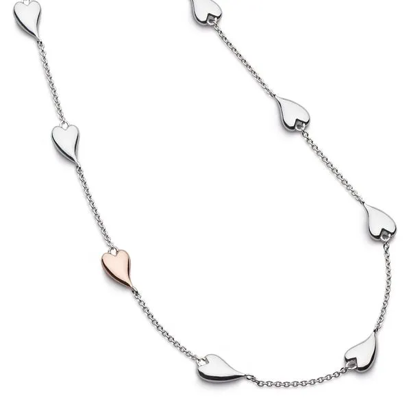Sterling Silver & 18K Rose Gold Plate Heart Station Necklace Adjustable Length 16-18