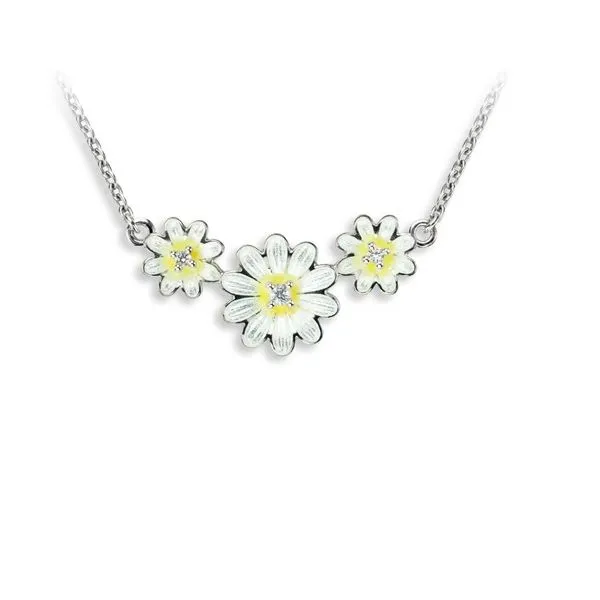 Sterling Silver Rhodium Plated Enamel White Daisy Cluster Necklace Length 18 Inches Adjustable Quality Gem LLC Bethel, CT