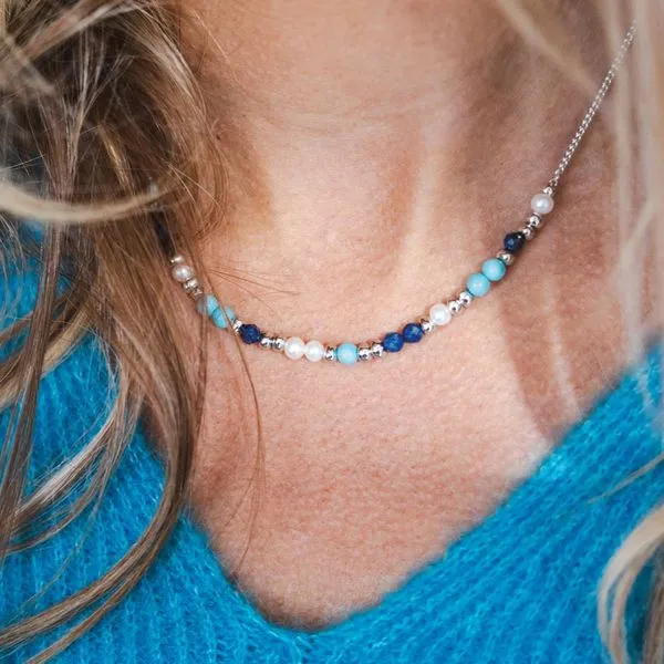 Sterling Silver Rhodium Plated Coast Tumble Azure Lapsi Lazuli, Teal Magnesite, And Freshwater Pearl Beaded Necklace Adjustable Length 16/18 Image 3 Quality Gem LLC Bethel, CT