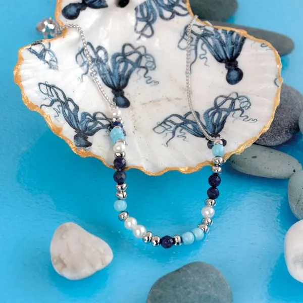 Sterling Silver Rhodium Plated Coast Tumble Azure Lapsi Lazuli, Teal Magnesite, And Freshwater Pearl Beaded Necklace Adjustable Length 16/18 Image 4 Quality Gem LLC Bethel, CT