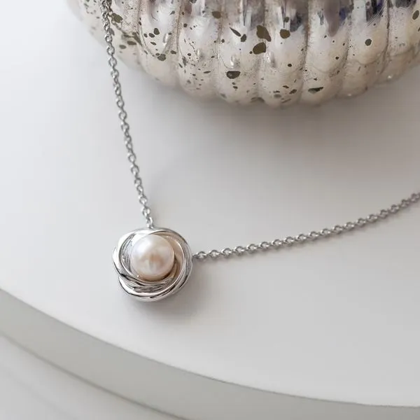Sterling Silver Rhodium Plated Bevel Trilogy Pearl Necklace Length 18 Inches Image 5 Quality Gem LLC Bethel, CT