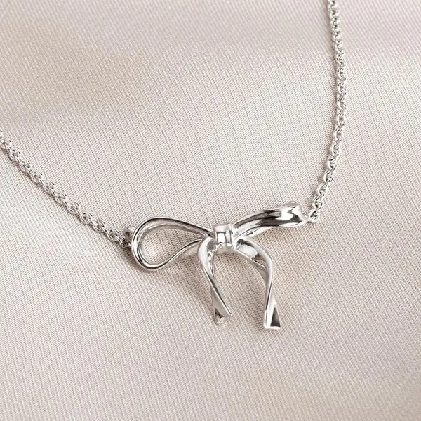 Sterling Silver Rhodium Plated Serenity Ribbon Bow Necklace Length 18 Inches Image 3 Quality Gem LLC Bethel, CT