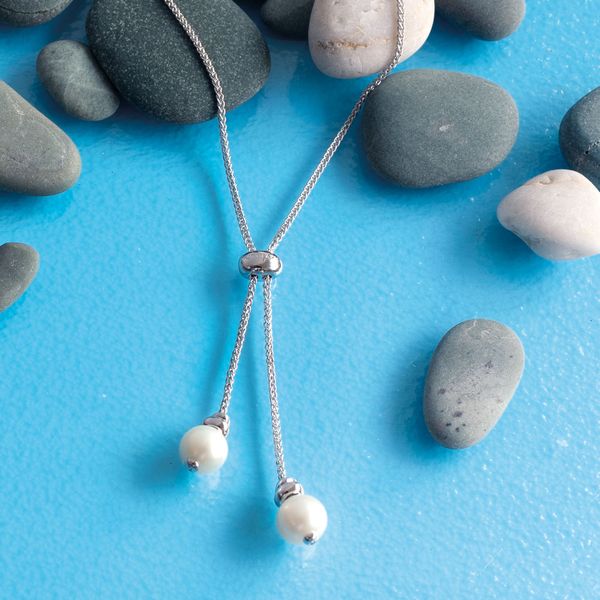 Sterling Silver Rhodium Plated Coast Tumble Freshwater Pearl Lariat Necklace Image 4 Quality Gem LLC Bethel, CT