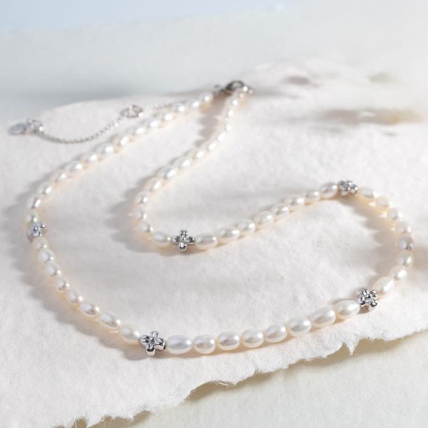 Sterling Silver Rhodium Plated Blossom Flyte Honey Flower Rice Pearl Station Necklace Length 18 Inches Image 2 Quality Gem LLC Bethel, CT