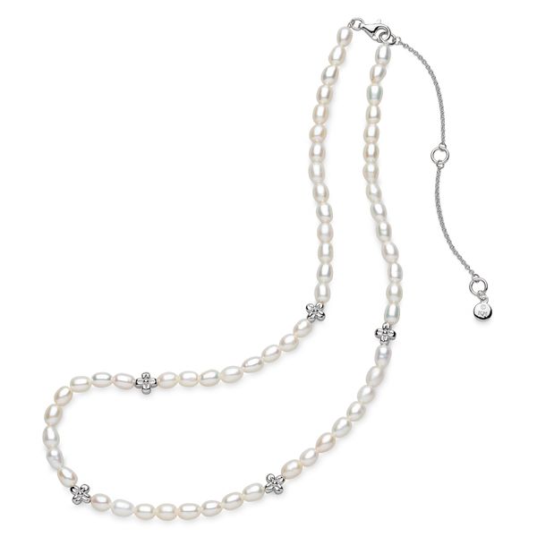 Sterling Silver Rhodium Plated Blossom Flyte Honey Flower Rice Pearl Station Necklace Length 18 Inches Quality Gem LLC Bethel, CT