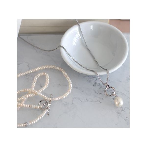 Sterling Silver Rhodium Plated Revival Classic Pearl Link Drop Necklace Length 22 Inches Image 4 Quality Gem LLC Bethel, CT