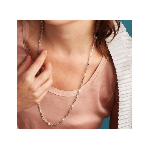 Sterling Silver Rhodium Plated Revival Figaro Pearl Chain Link Multi Wear Station Necklace Length 20 Inches Image 4 Quality Gem LLC Bethel, CT