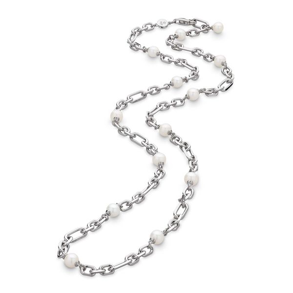 Sterling Silver Rhodium Plated Revival Figaro Pearl Chain Link Multi Wear Station Necklace Length 20 Inches Quality Gem LLC Bethel, CT
