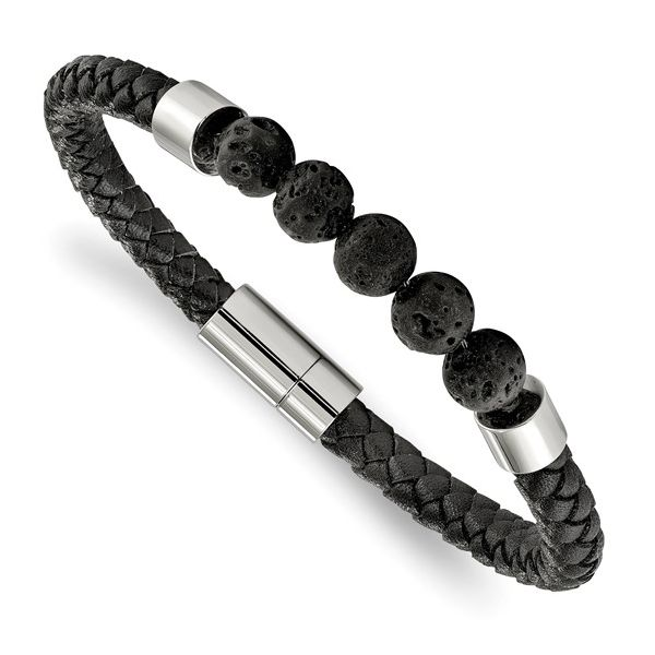 Stainless Steel Polished Black Leather with Lava Stones 8.75