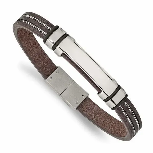 Stainless Steel Polished Brown Leather with Black Rubber 8.25