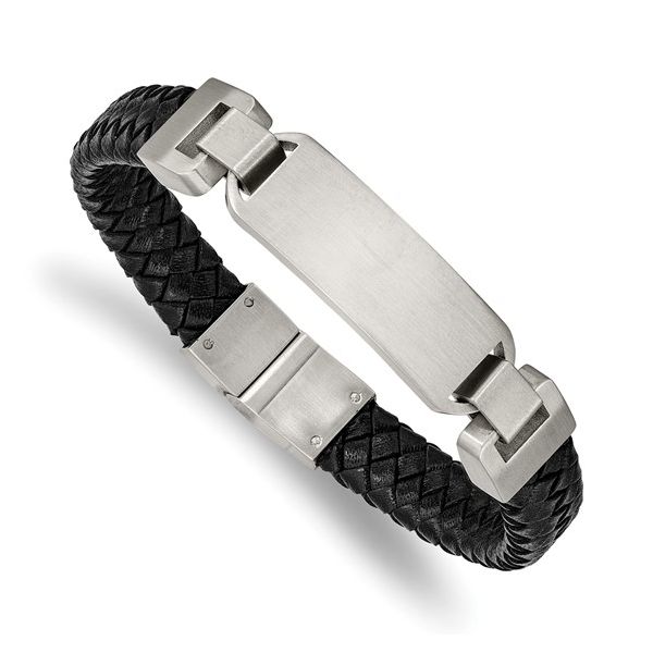 Stainless Steel Brushed Finish & Black Leather Magnetic Clasp 8.5