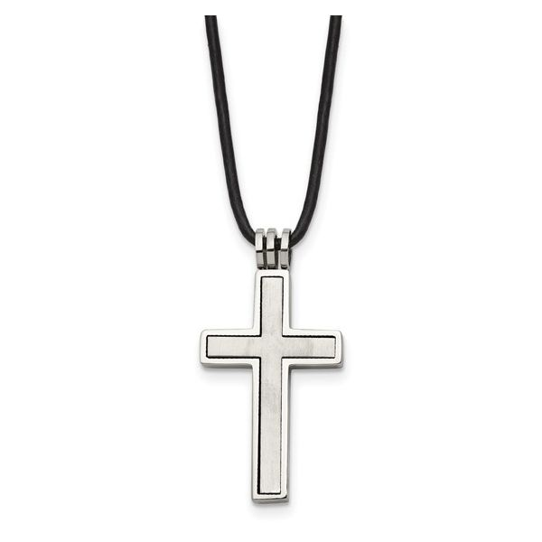 Stainless Steel Brushed and Polished Cross Leather Cord Necklace Quality Gem LLC Bethel, CT